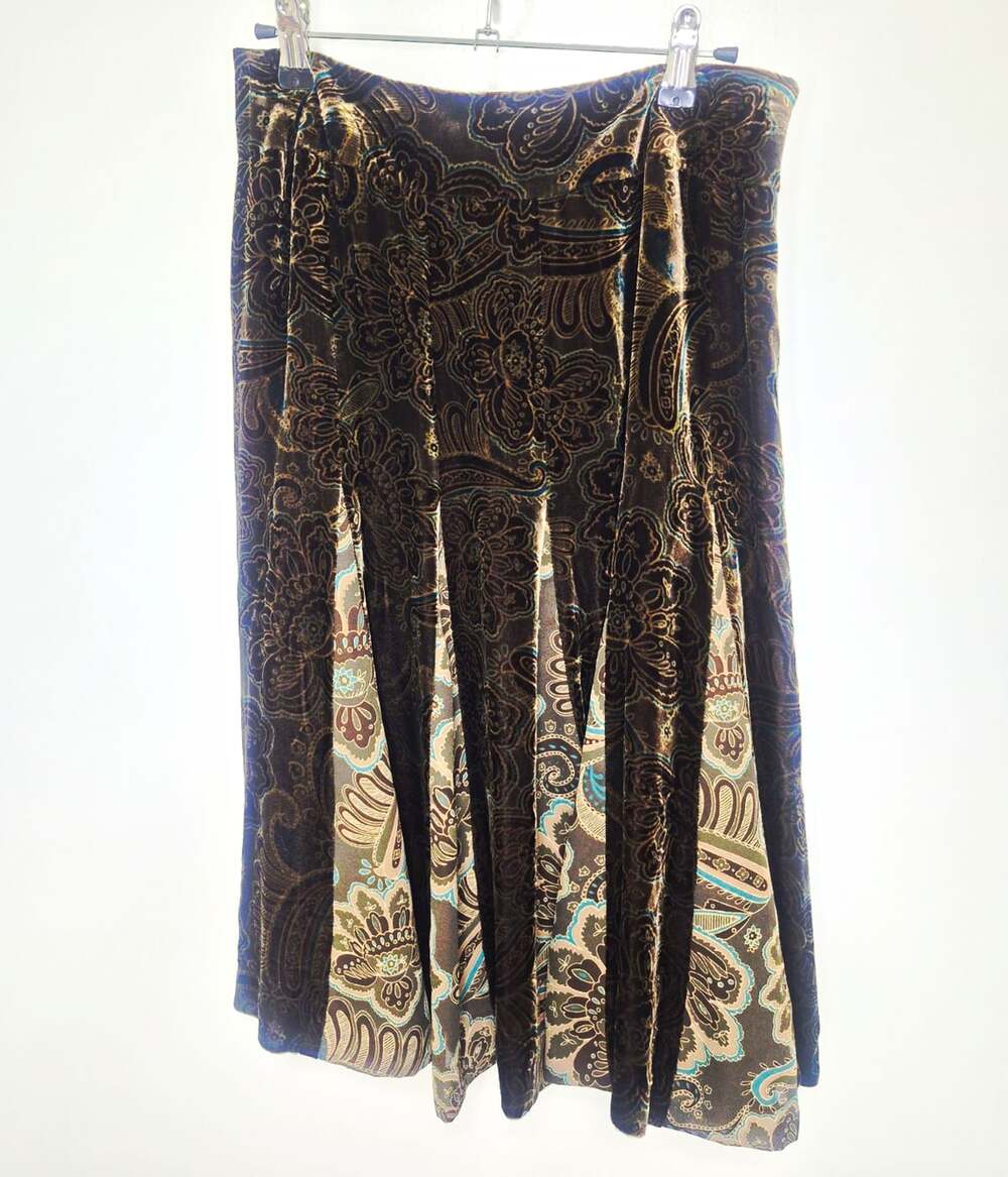 LOFT Silk Velvet Jacquard Paisley Pleated Lined Knee Skirt Brown Green sz 2